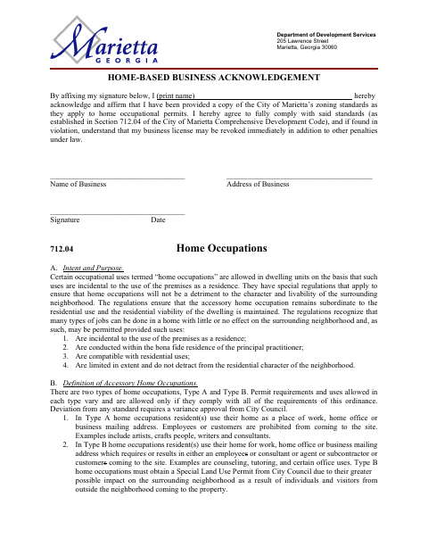 First page of the Home Based Business Acknowledgement Form