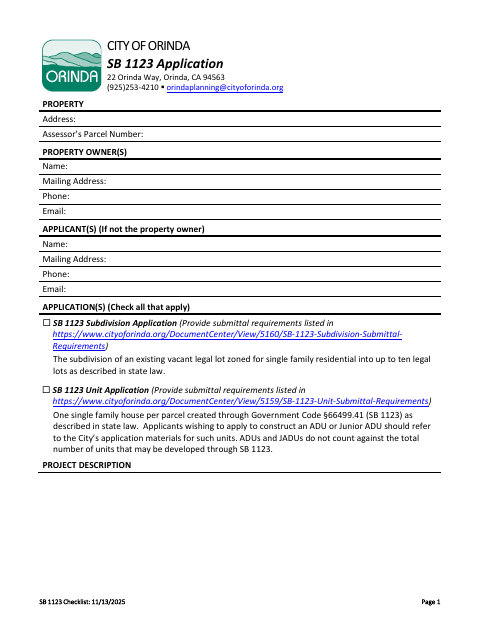 First page of the SB 1123 Application