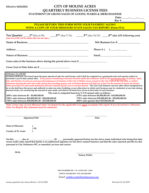 First page of the Quarterly Business License Fees Statement of Gross Sales