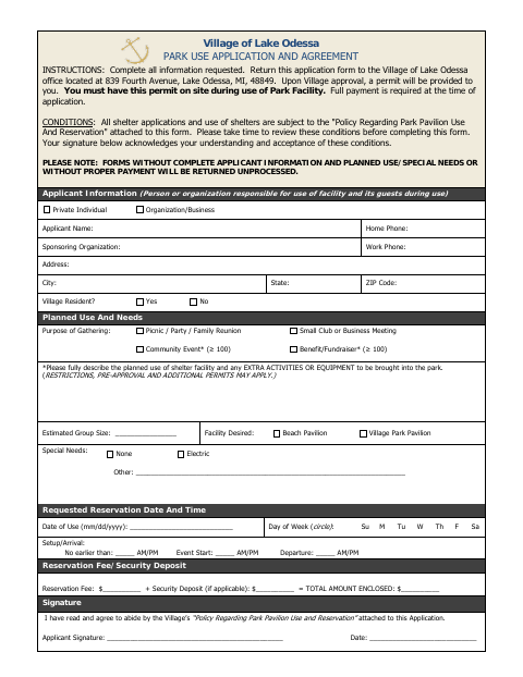 First page of the Park Facilities Reservation Application