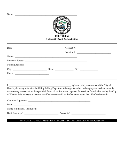 First page of the Utility Billing Automatic Draft Authorization
