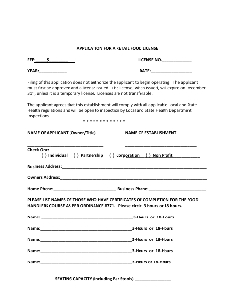 First page of the Application for a Retail Food License
