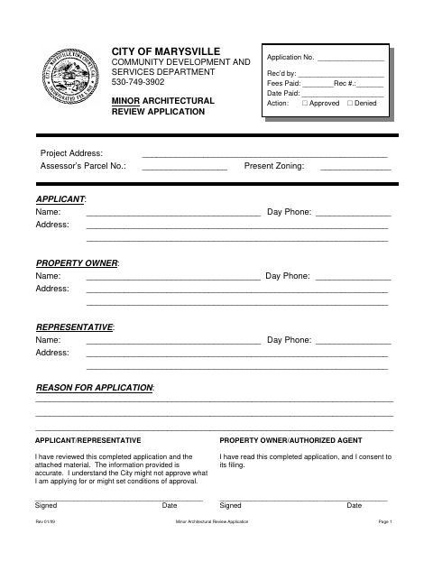 First page of the Minor Architectural Review Application