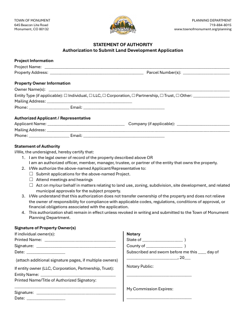 First page of the Statement of Authority for Land Development Applications