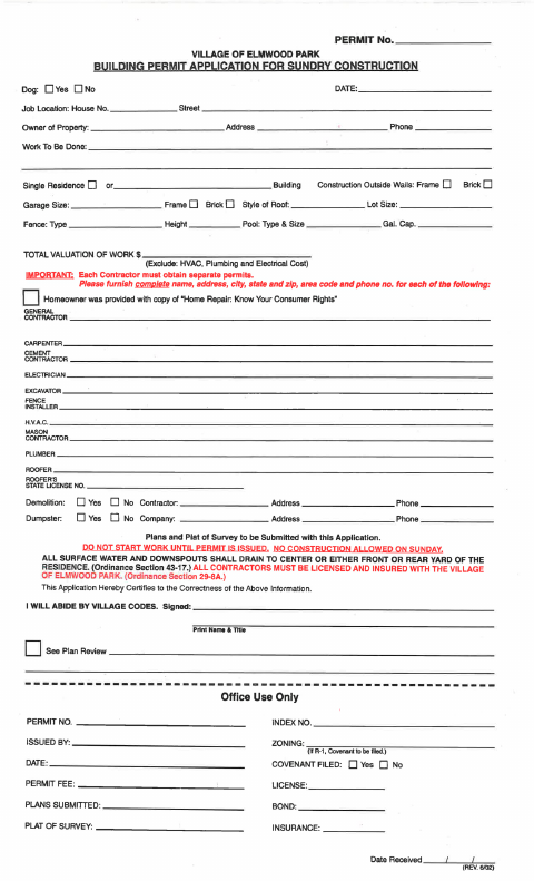 First page of the Building Permit Application for Sundry Construction