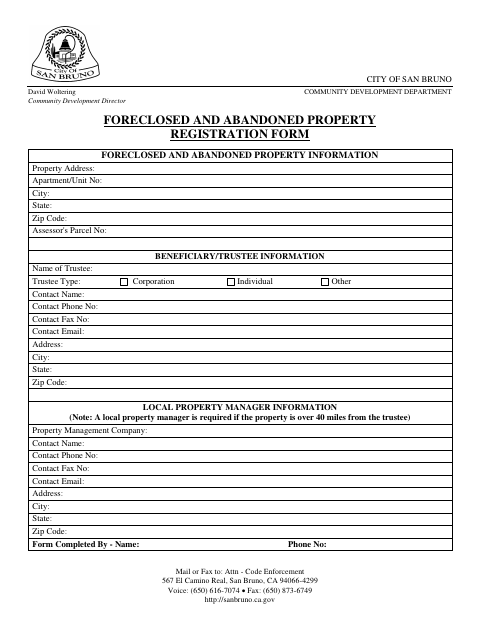 First page of the Foreclosed and Abandoned Property Registration Form