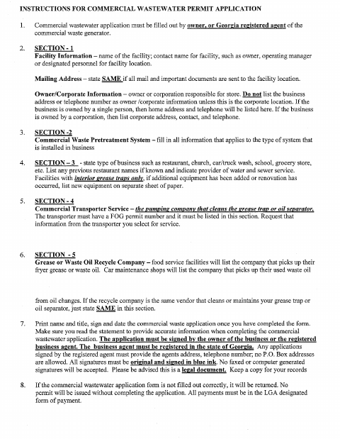First page of the Commercial Wastewater Permit Application