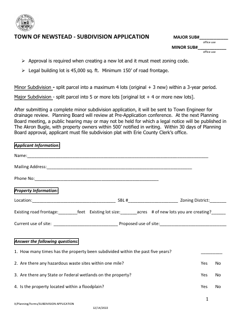 First page of the Subdivision Application