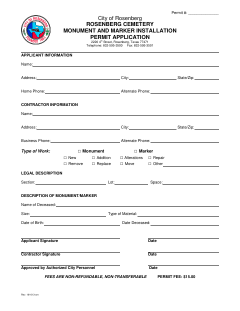First page of the Cemetery Monument and Marker Installation Permit Application