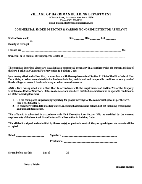First page of the Commercial Smoke Detector and Carbon Monoxide Detector Affidavit