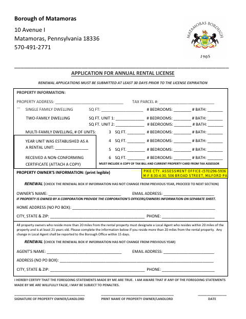 First page of the Annual Rental License Application