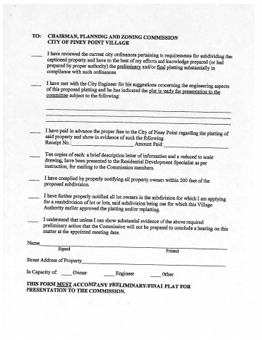 First page of the Planning & Zoning Plat Application