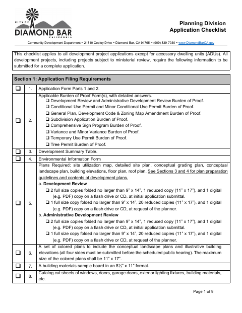 First page of the Development Project Application Checklist