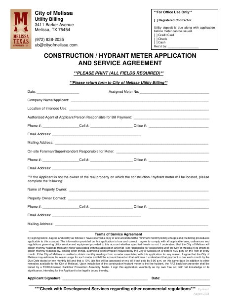 First page of the Construction / Hydrant Meter Application and Service Agreement