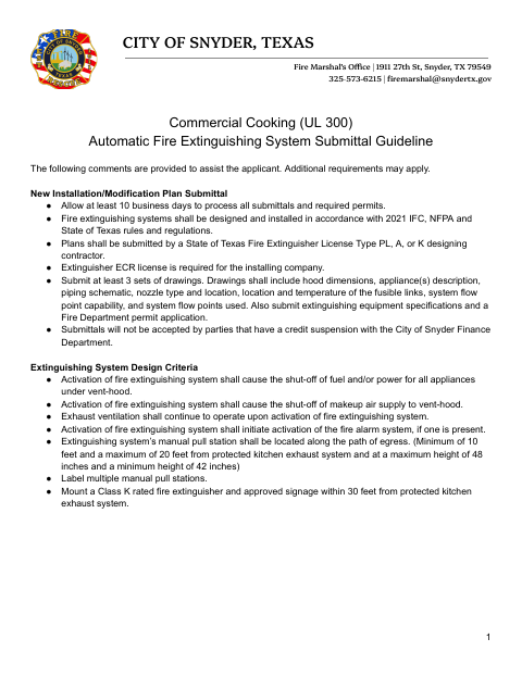First page of the Commercial Cooking Fire Extinguishing System Permit Application