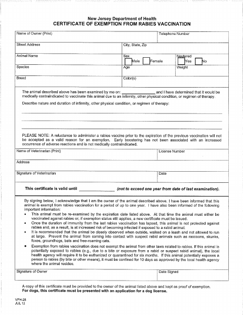 First page of the Dog Rabies Exemption Form