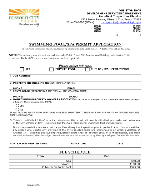 First page of the Swimming Pool/Spa Permit Application