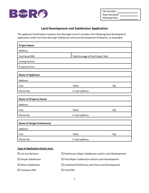First page of the Land Development and Subdivision Application