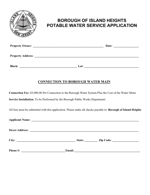 First page of the Potable Water Service Application
