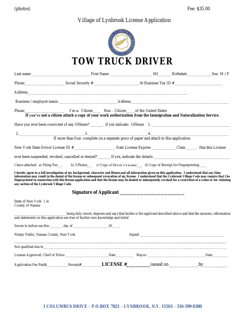 First page of the Tow Truck Driver License Application