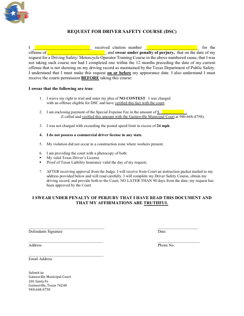 First page of the Request for Driver Safety Course