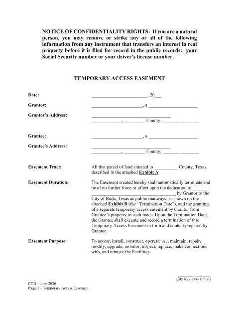 First page of the Temporary Access Easement