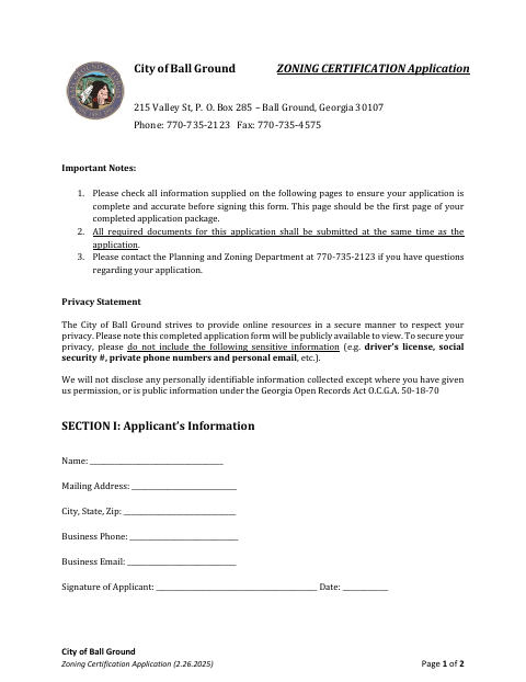 First page of the Zoning Certification Application