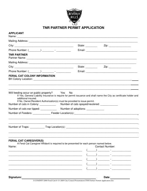 First page of the TNR Partner Permit Application