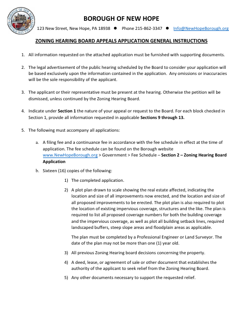First page of the Zoning Hearing Board Appeals Application