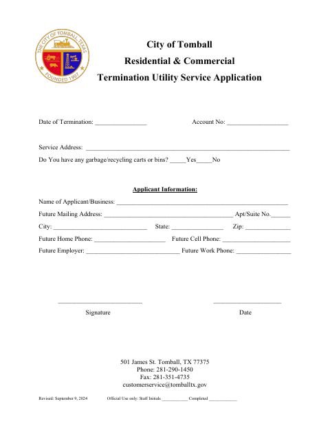First page of the Residential & Commercial Termination Utility Service Application