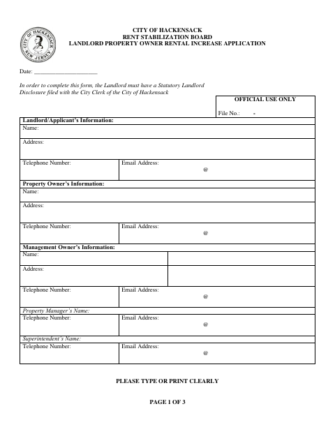 First page of the Landlord/Property Owner Rental Increase Application