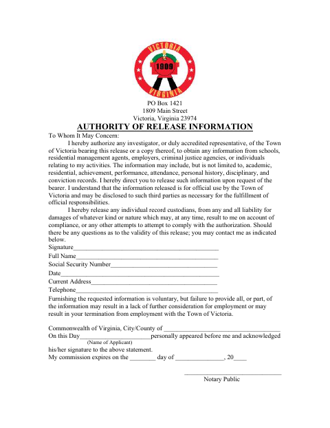 First page of the Authority of Release Information