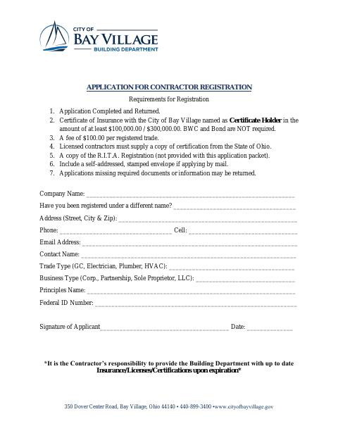First page of the Application for Contractor Registration
