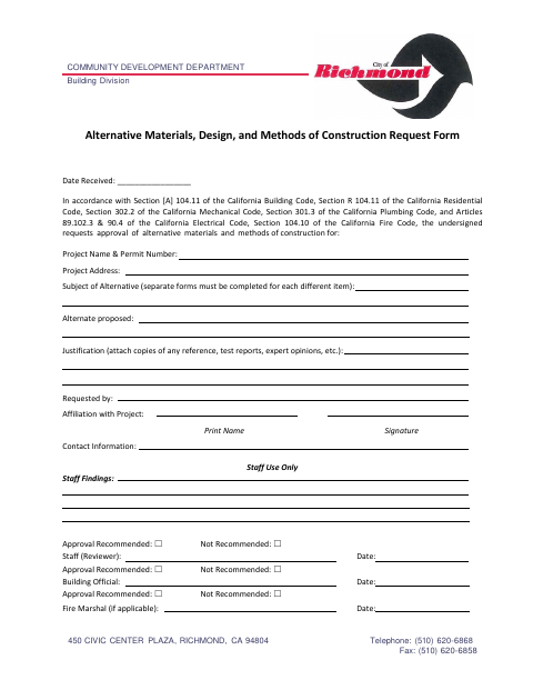 First page of the Alternative Materials, Design, and Methods of Construction Request Form