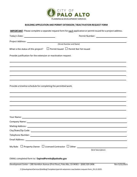 First page of the Building Application and Permit Extension / Reactivation Request Form