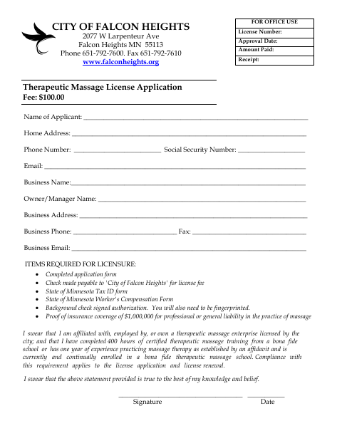 First page of the Therapeutic Massage License Application