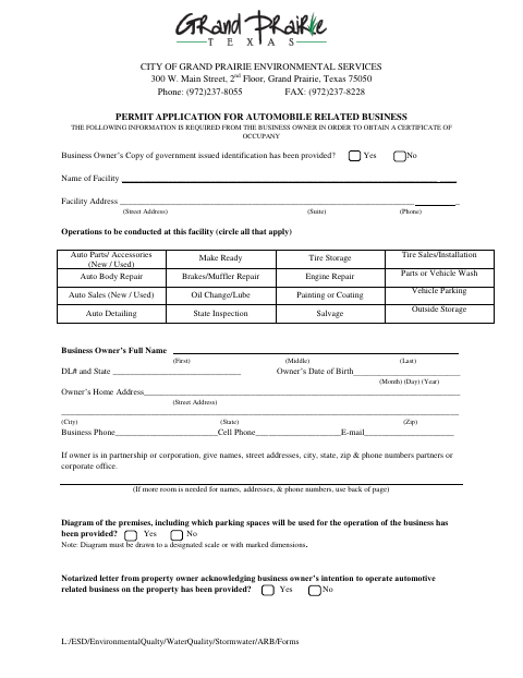 First page of the Permit Application for Automobile Related Business