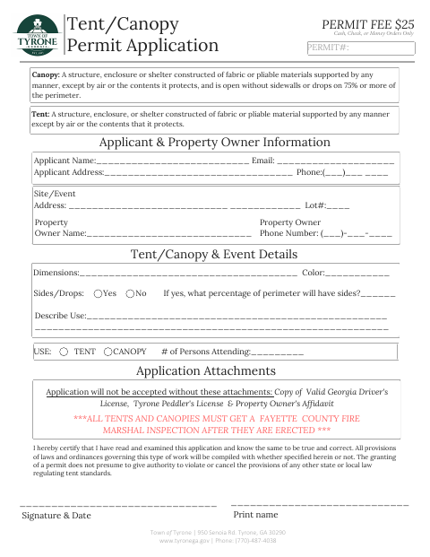 First page of the Tent/Canopy Permit Application