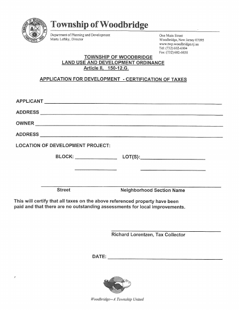 First page of the Application for Development – Certification of Taxes