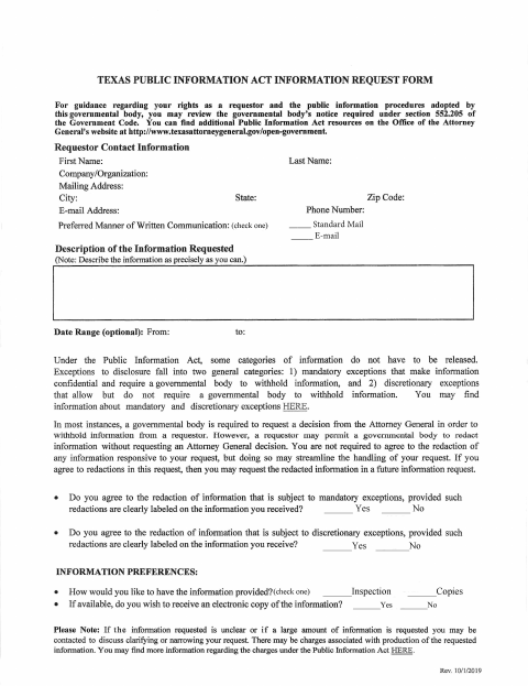 First page of the Public Information Request Form