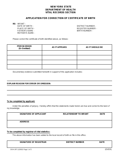 First page of the Application for Correction of Certificate of Birth