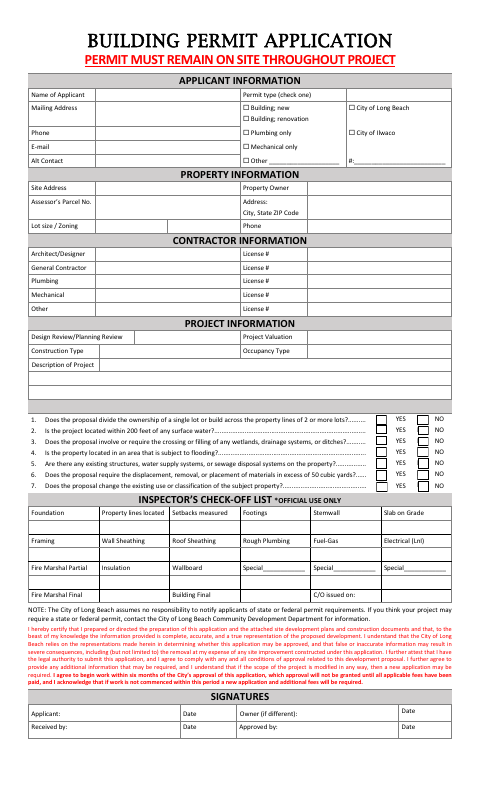 First page of the Building Permit Application