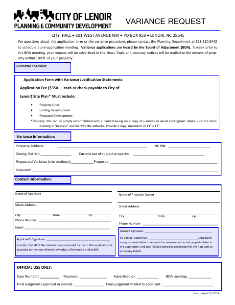 First page of the Variance Request Application