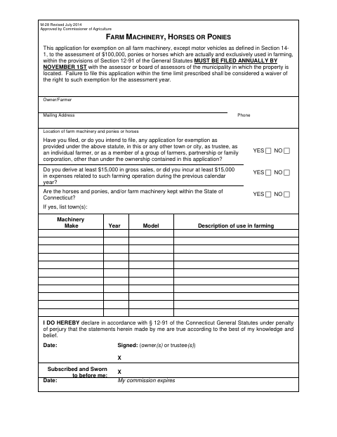 First page of the Farm Machinery, Horses or Ponies Exemption Application