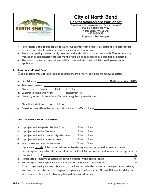 First page of the Habitat Assessment Worksheet