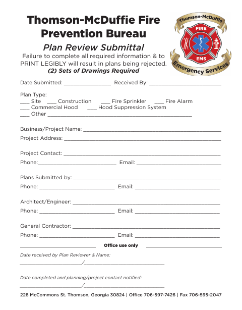 First page of the Plan Review Submittal Form