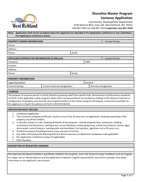 First page of the Shoreline Master Program Variance Application