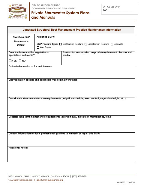 First page of the Vegetated Structural Best Management Practice Maintenance Information
