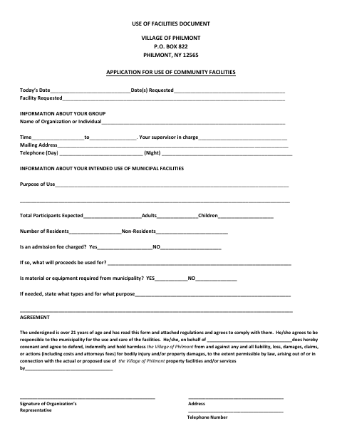 First page of the Application for Use of Community Facilities