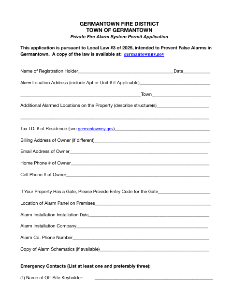 First page of the Private Fire Alarm System Permit Application